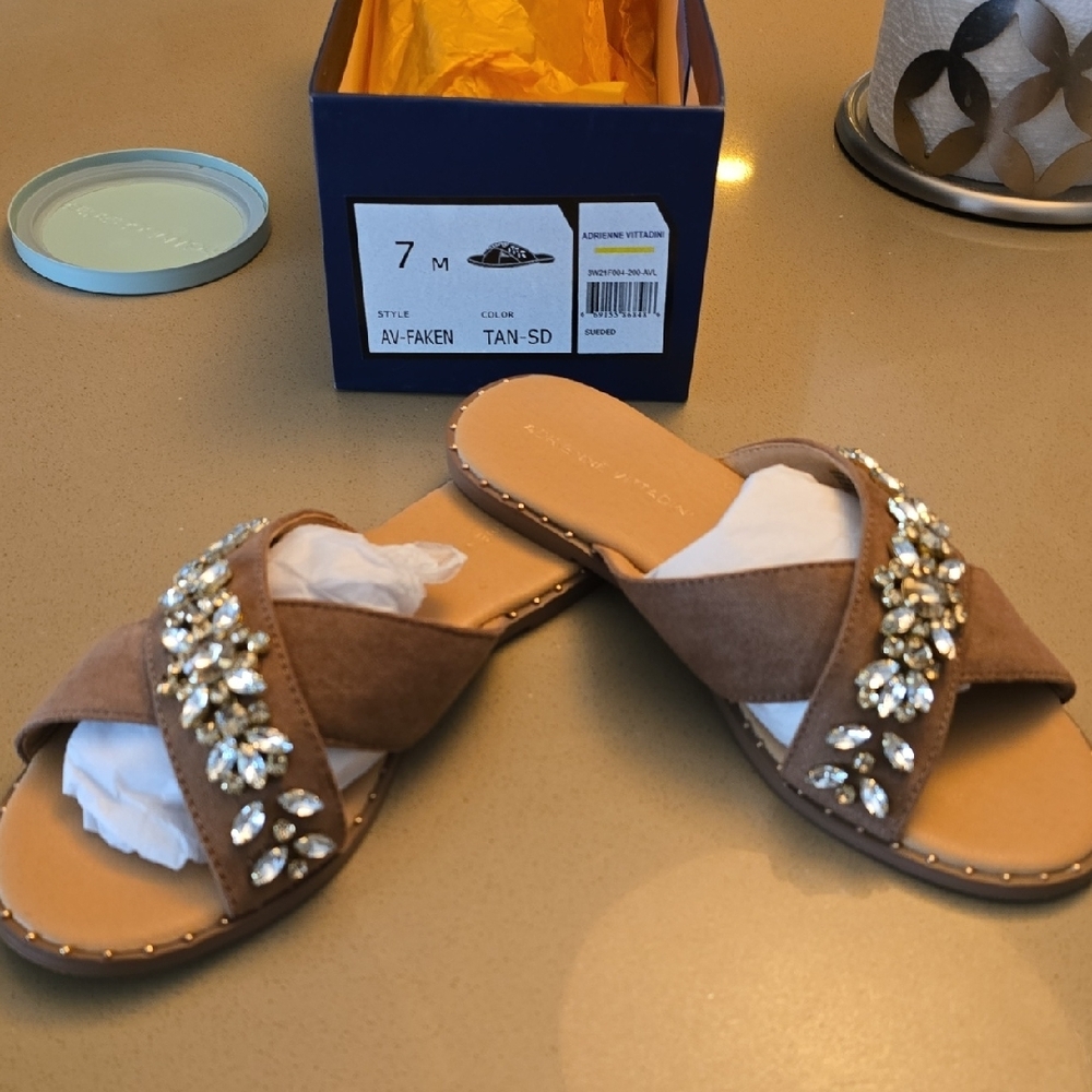 Adrienne Vittadini Tan Sandals with Crystal Embellishments